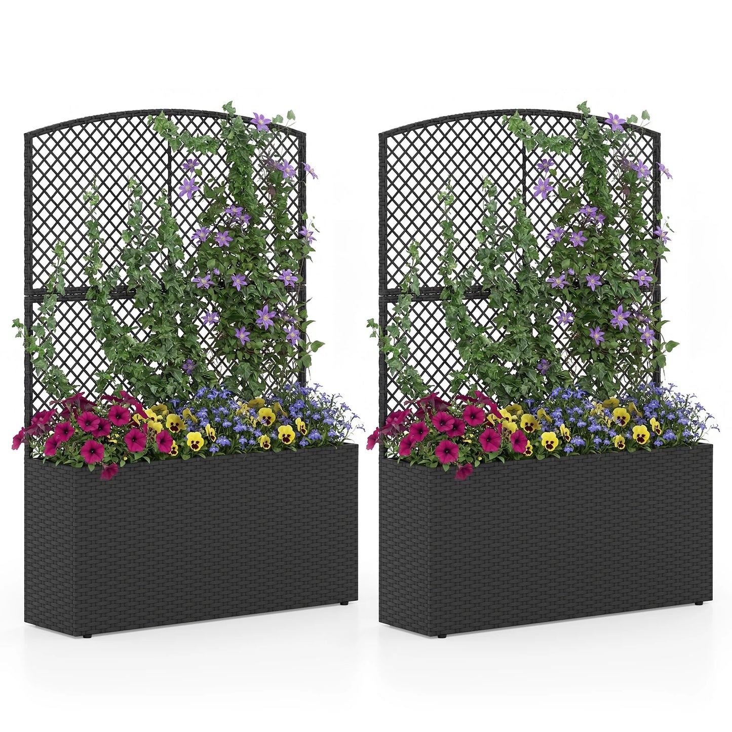 Set of 2 58 Inch Raised Garden Bed with Trellis and Wicker Planter Box-Black