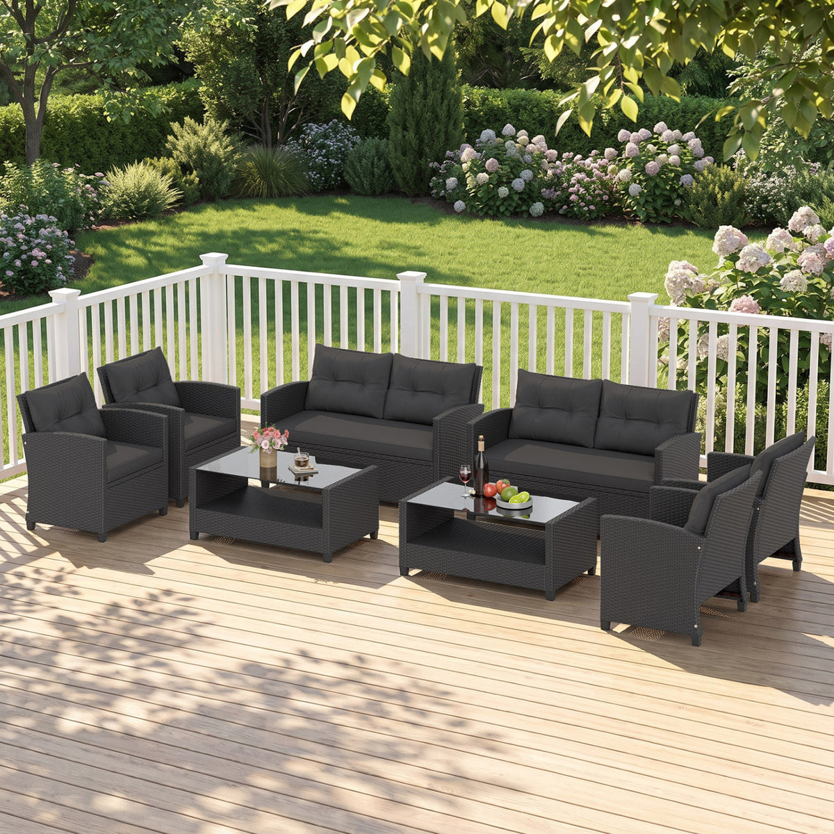 Set of 2 8 Pieces Patio Rattan Conversation Furniture Set with Glass Top Coffee Table-Black