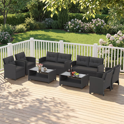 Set of 2 8 Pieces Patio Rattan Conversation Furniture Set with Glass Top Coffee Table-Black
