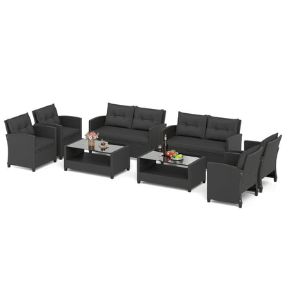 Set of 2 8 Pieces Patio Rattan Conversation Furniture Set with Glass Top Coffee Table-Black