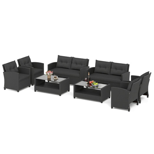 Two black patio rattan conversation furniture sets with glass-topped coffee tables, outdoor patio furniture by Wilsons Home Store