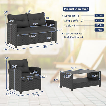 Set of 2 8 Pieces Patio Rattan Conversation Furniture Set with Glass Top Coffee Table-Black