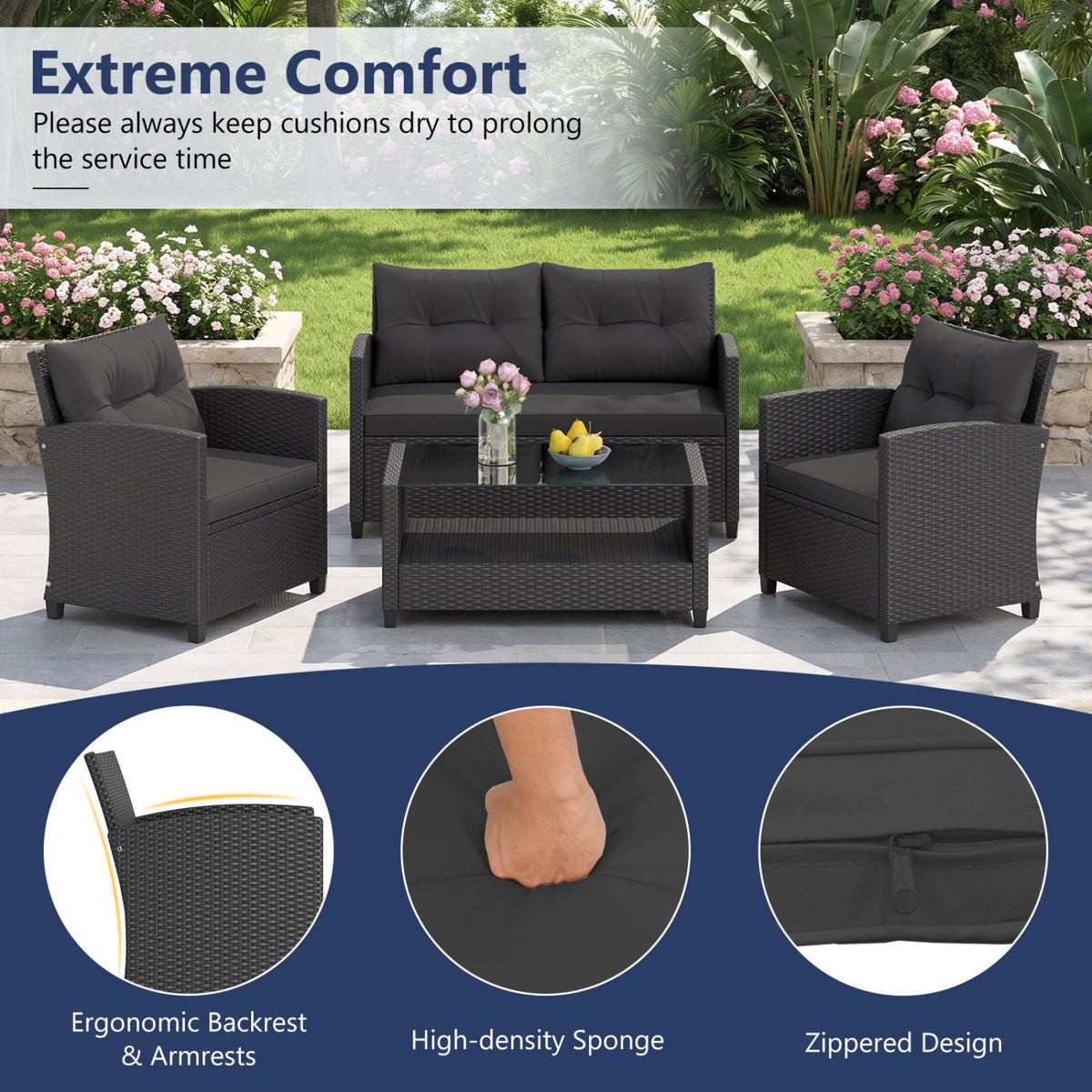 Set of 2 8 Pieces Patio Rattan Conversation Furniture Set with Glass Top Coffee Table-Black