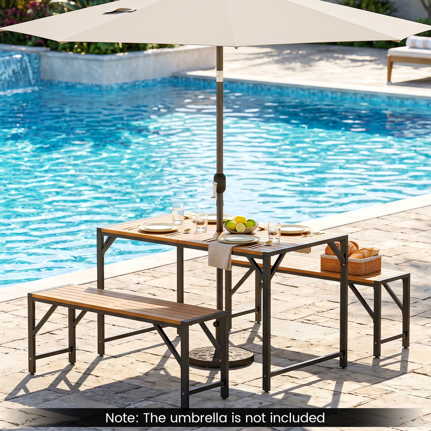 Set of 2 Acacia Wood Outdoor Bench 47.5" with Slatted Seat for Backyard