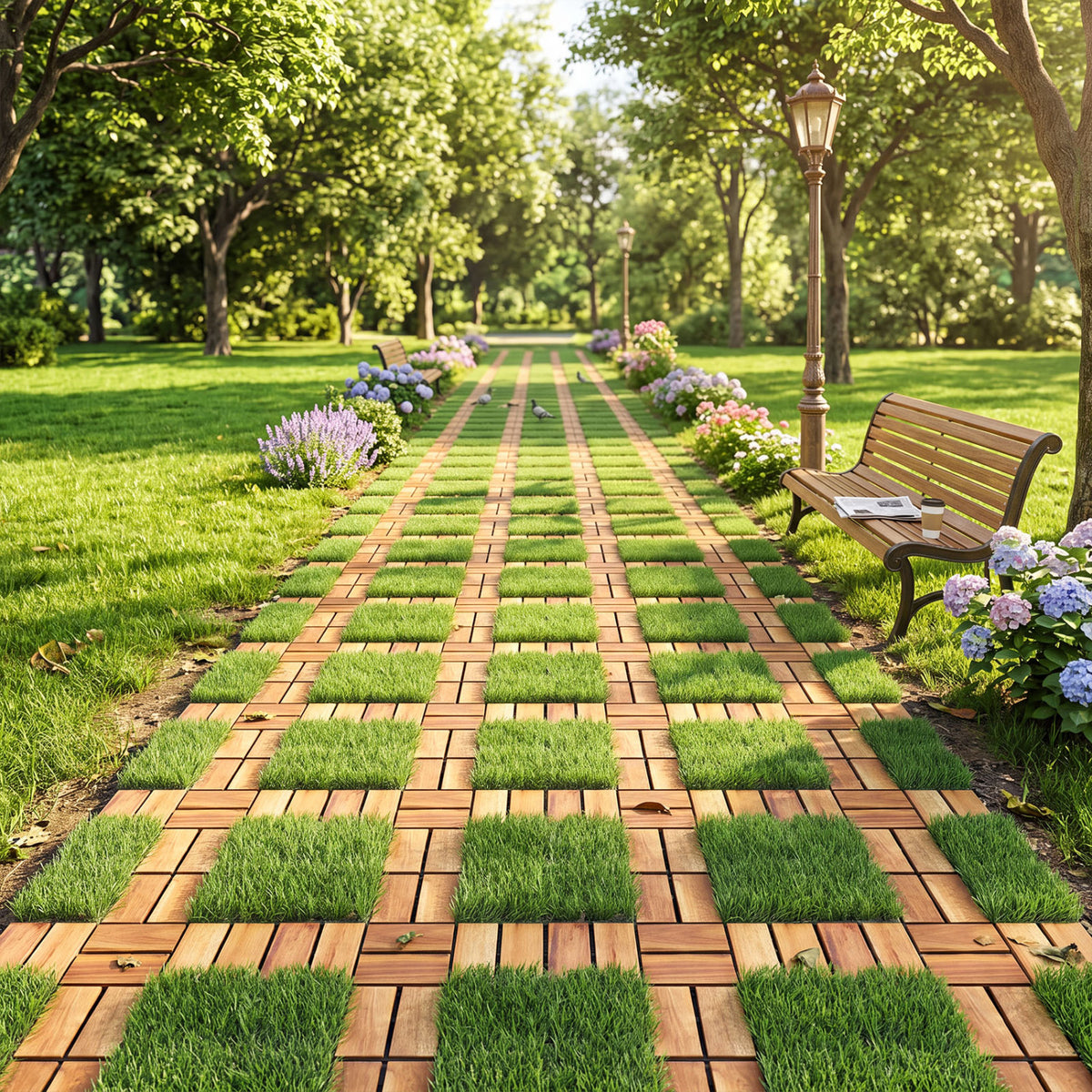 Set of 2 Acacia Wood Interlocking Deck Tiles with Artificial Gras-Natural