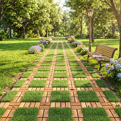 Set of 2 Acacia Wood Interlocking Deck Tiles with Artificial Gras-Natural