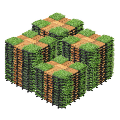 Set of 2 Acacia Wood Interlocking Deck Tiles with Artificial Gras-Natural