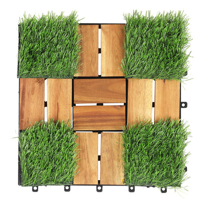 Set of 2 Acacia Wood Interlocking Deck Tiles with Artificial Gras-Natural