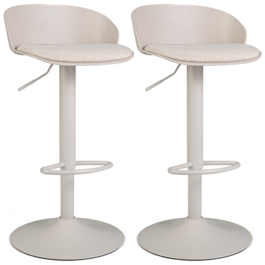Set of 2 cream adjustable swivel bar stools with backrests and footrests, supporting up to 330 lbs for kitchen or dining use.