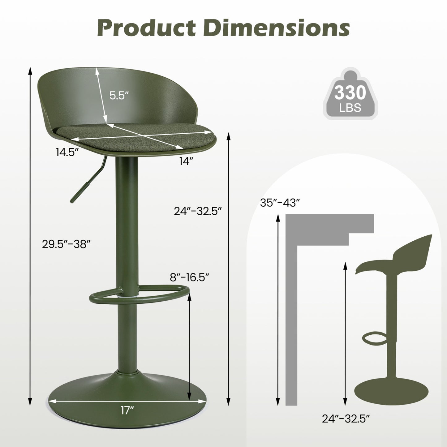 Set of 2 Adjustable Swivel Bar Stools w/ Back & Footrest 330 LBS for Dining-Cream