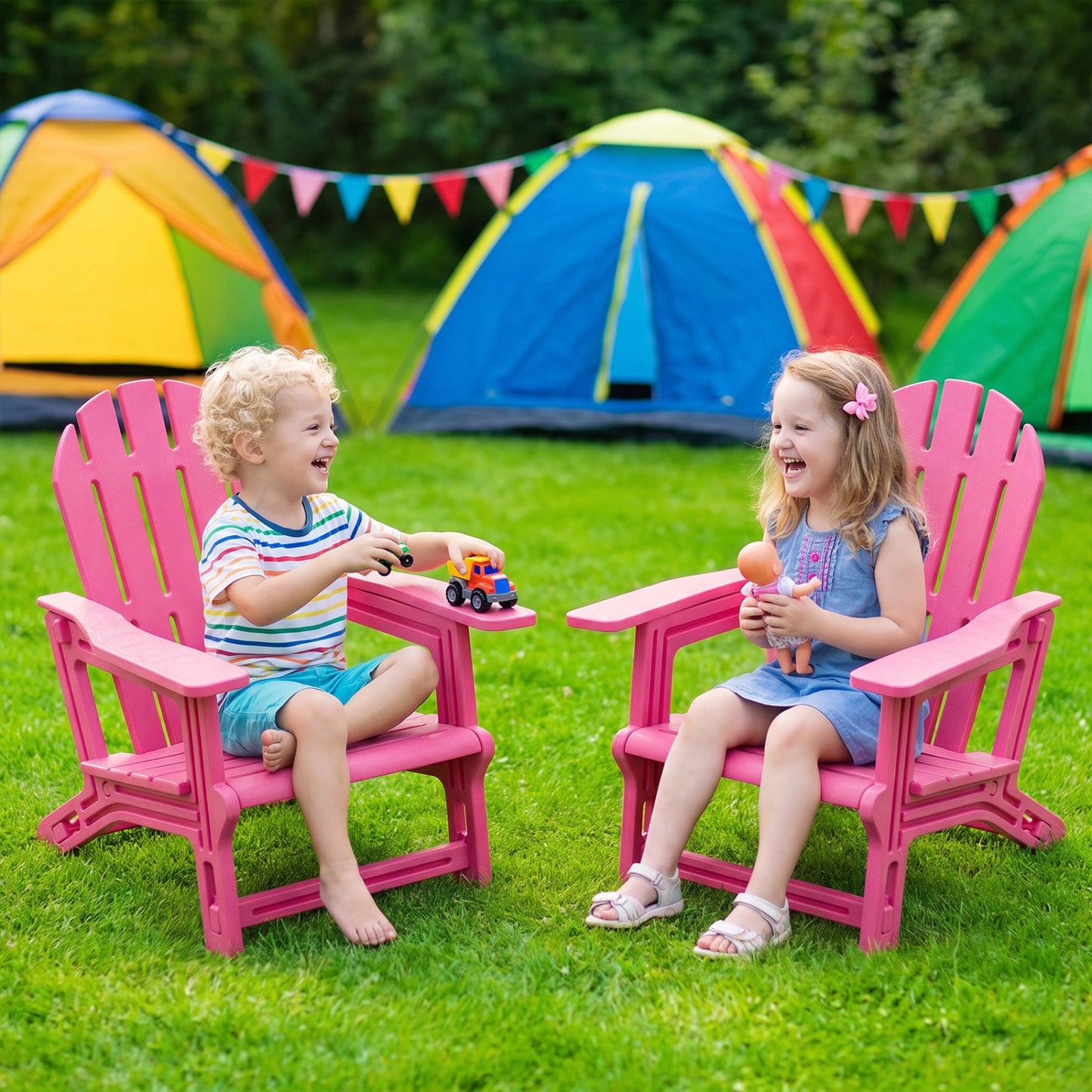 Set of 2 All-Weather Outdoor Kids Patio Seating with Ergonomic Design-Pink