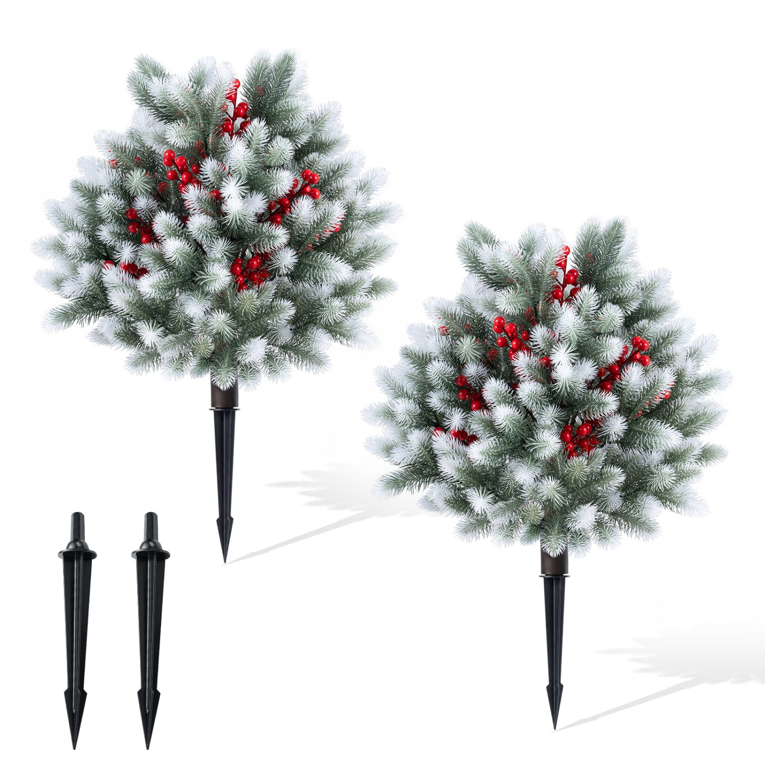 Set of 2 artificial cedar topiary plants with ground spikes for porch or patio winter decoration, by Wilsons Home Store.