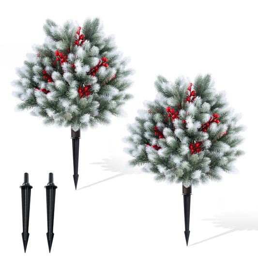 Set of 2 artificial cedar topiary plants with ground spikes for porch or patio winter decoration, by Wilsons Home Store.