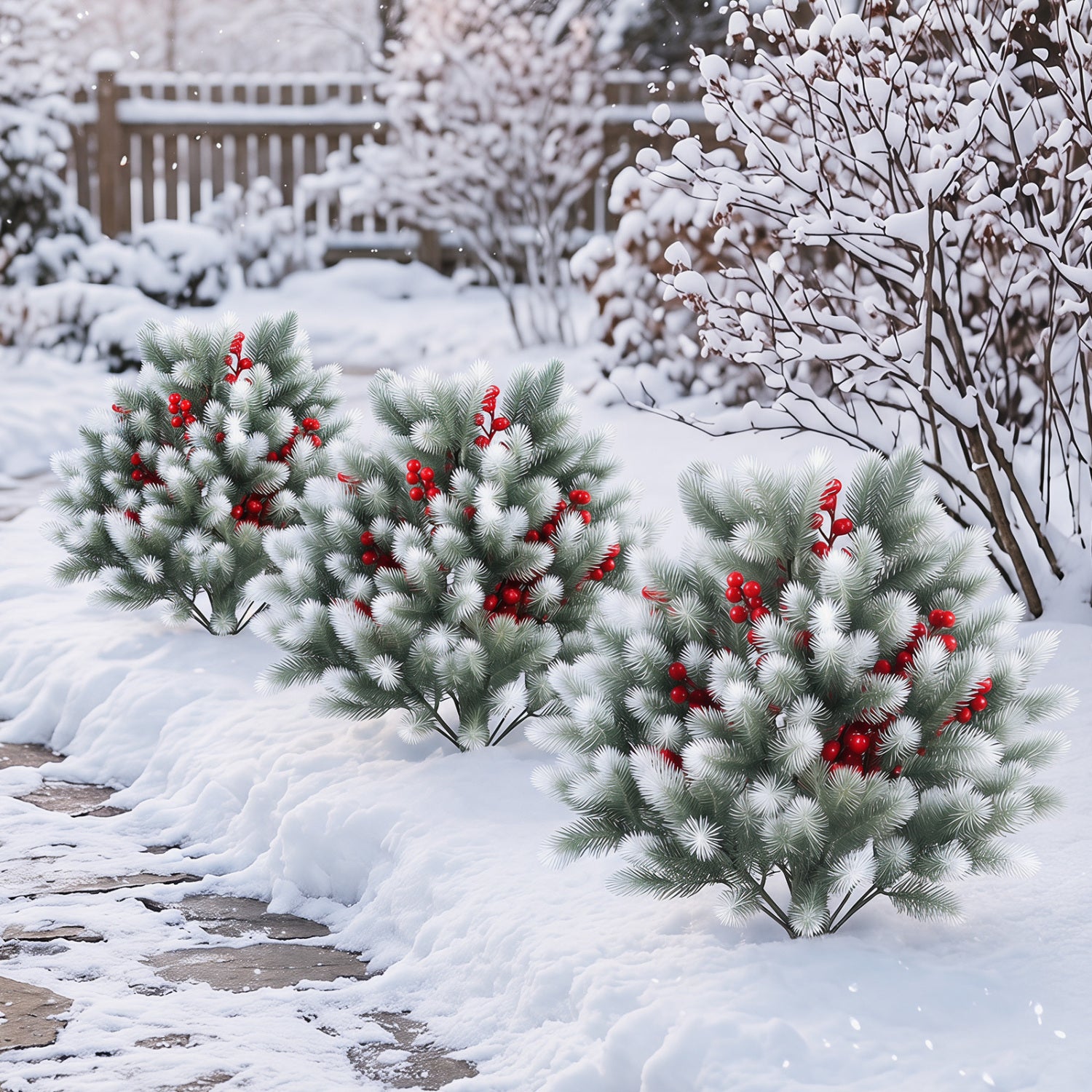 Set of 2 artificial cedar topiary plants with ground spikes for porch and patio winter decoration, ideal for home outdoor decor.