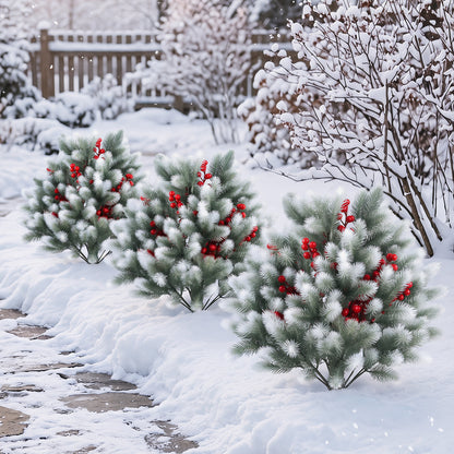 Set of 2 artificial cedar topiary plants with ground spikes for porch and patio winter decoration, ideal for home outdoor decor.