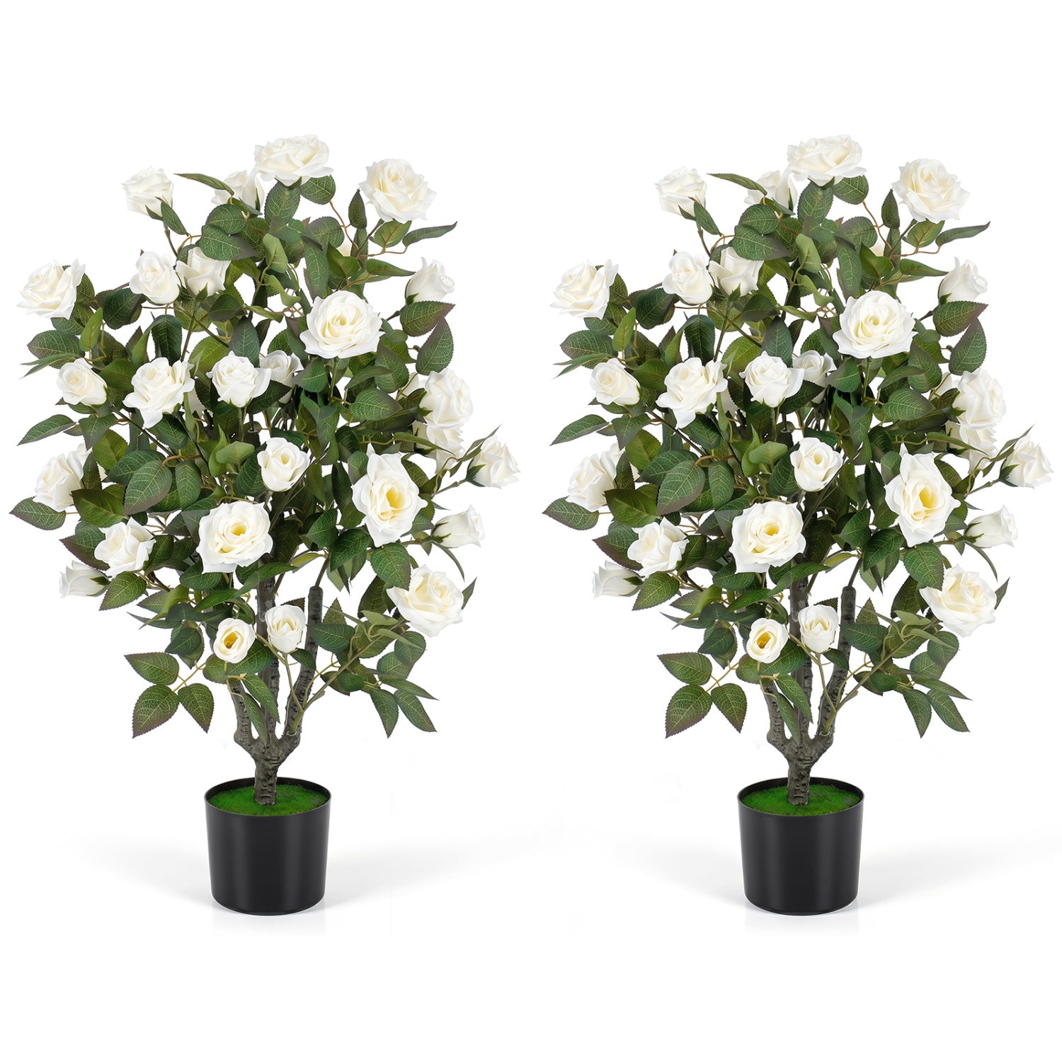 Set of 2 artificial white rose trees with blooming flowers and green leaves, ideal for indoor home decor.
