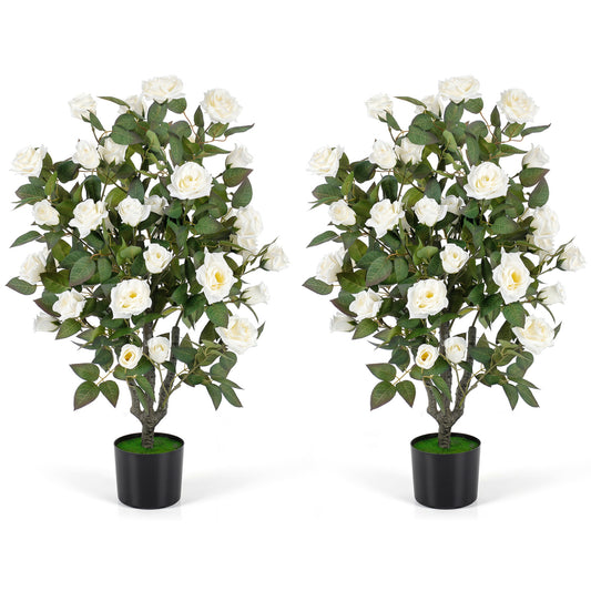 Set of 2 artificial white rose trees with blooming flowers and green leaves, ideal for indoor home decor.