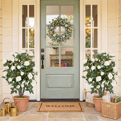 Set of 2 artificial rose trees with blooming flowers and green leaves for indoor decor, by Wilsons Home Store.