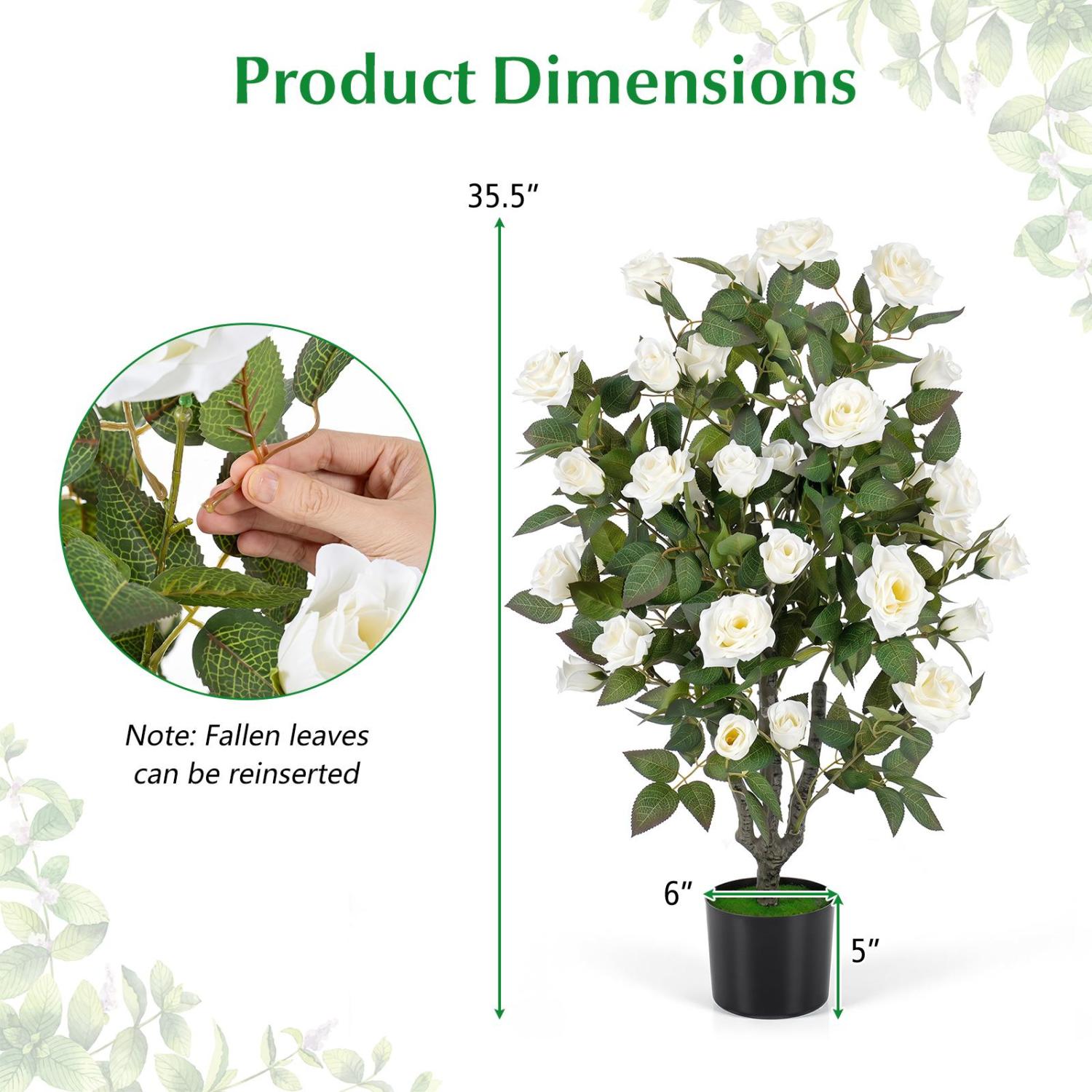 Set of 2 artificial rose trees with blooming flowers and green leaves, ideal for indoor home decor.