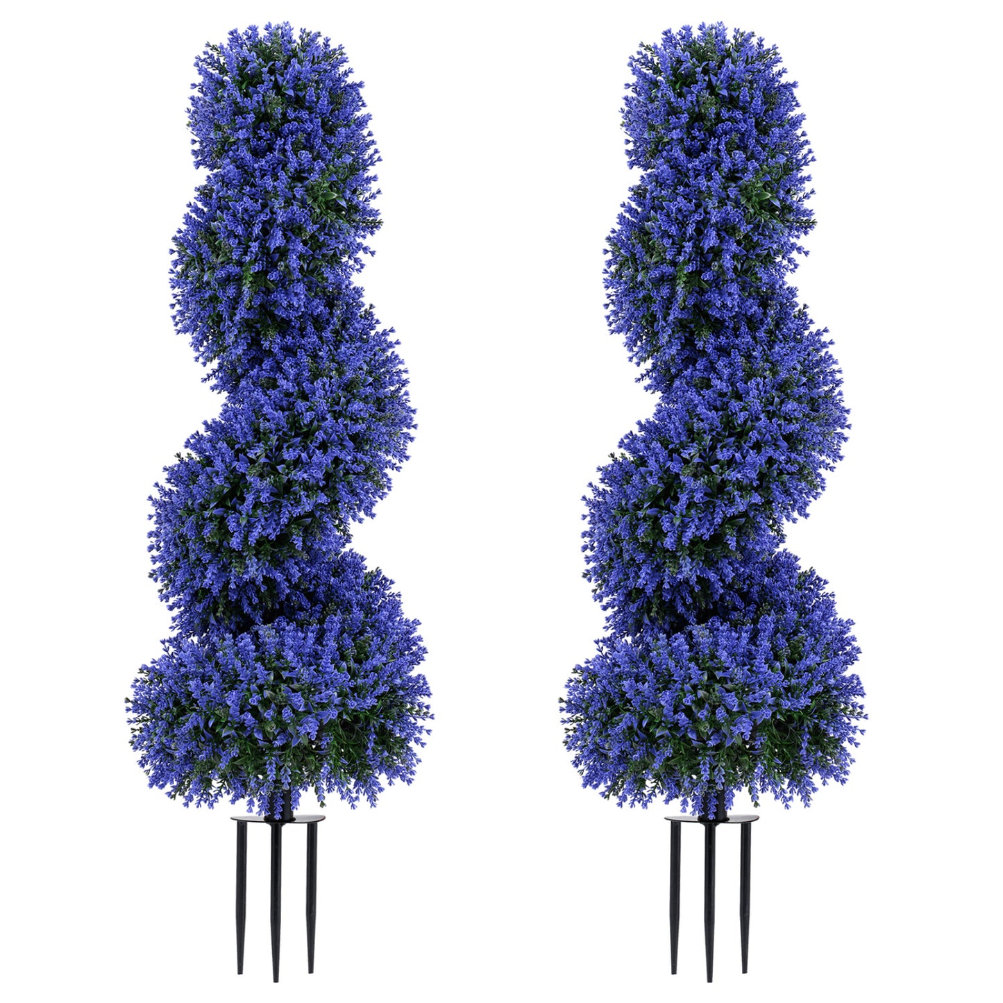 Set of 2 purple artificial spiral topiary trees with sun protection and ground spikes, for decorative home accents.