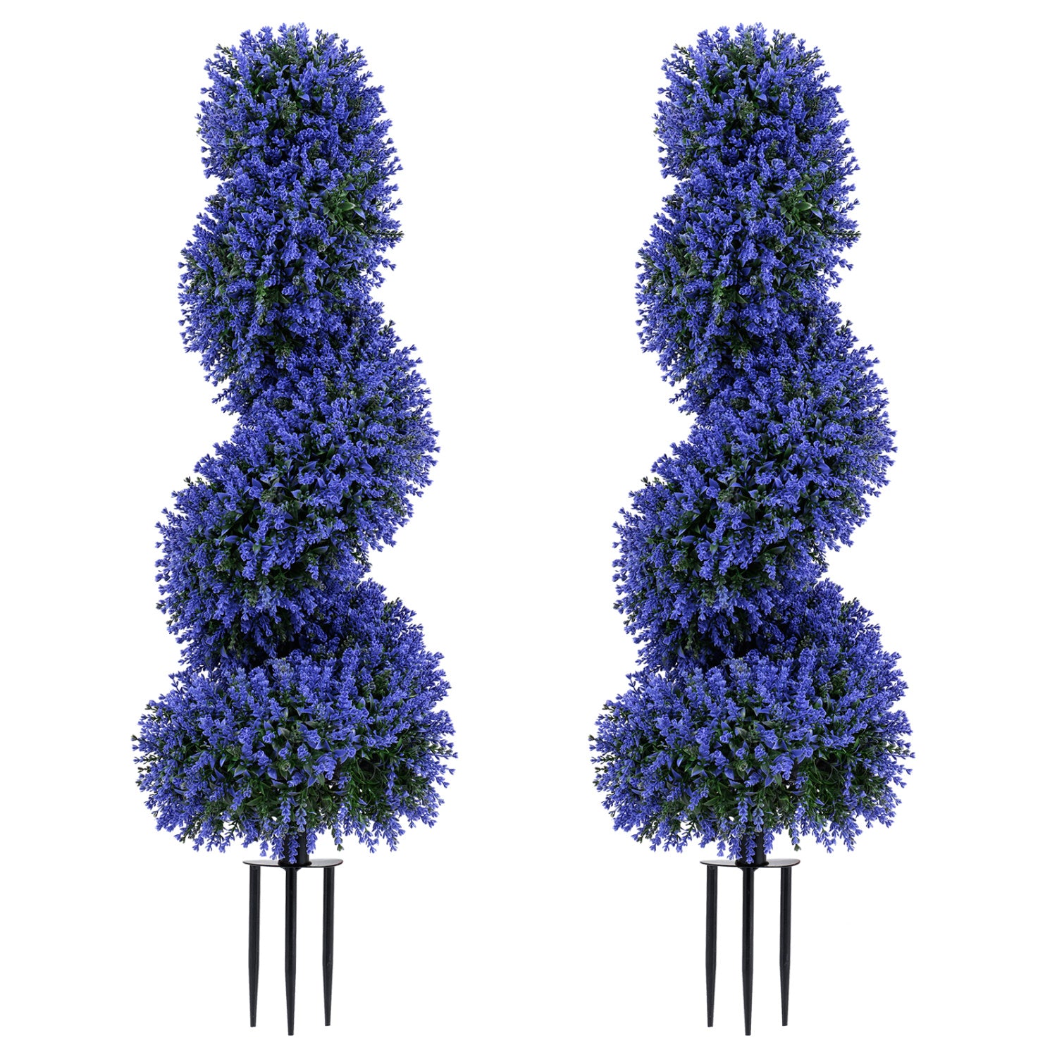 Set of 2 purple artificial spiral topiary trees with sun protection and ground spikes, for decorative home accents.