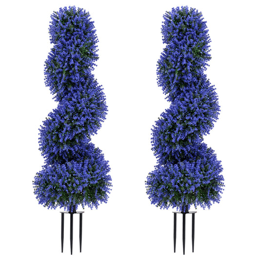 Set of 2 purple artificial spiral topiary trees with sun protection and ground spikes, for decorative home accents.