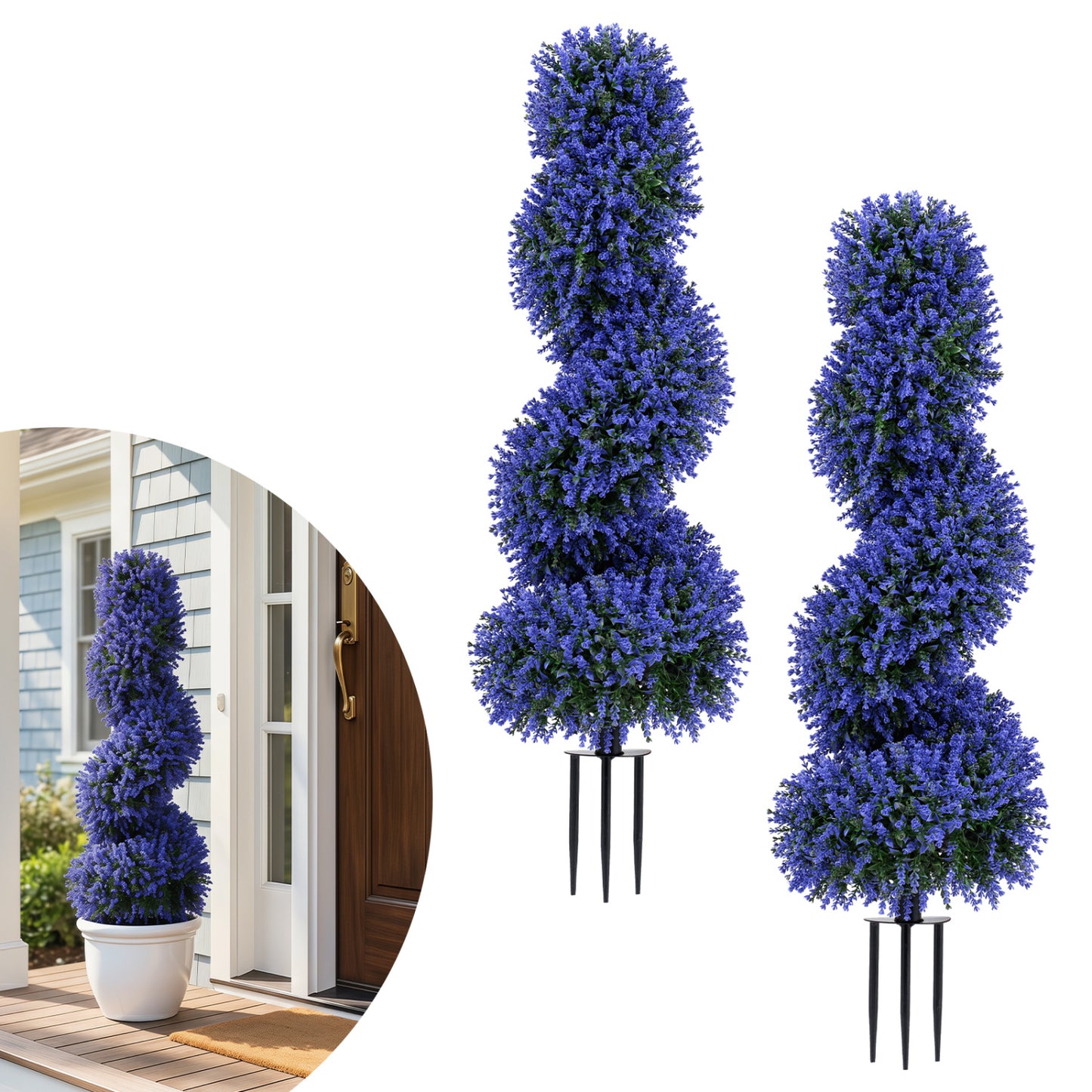 Set of 2 purple artificial spiral topiary trees with sun protection and ground spikes for outdoor decor.