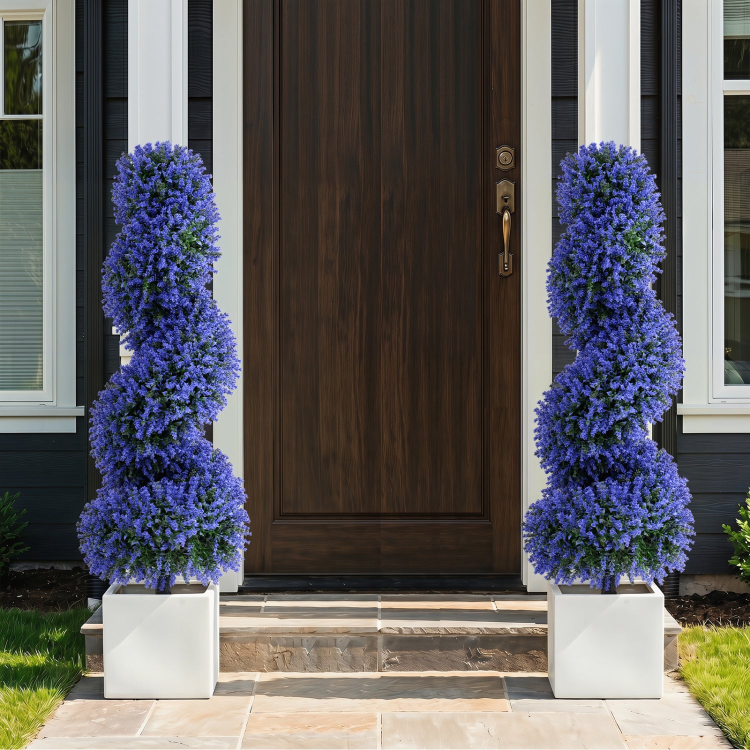 Set of 2 purple artificial spiral topiary trees with sun protection and ground spikes for home decor.