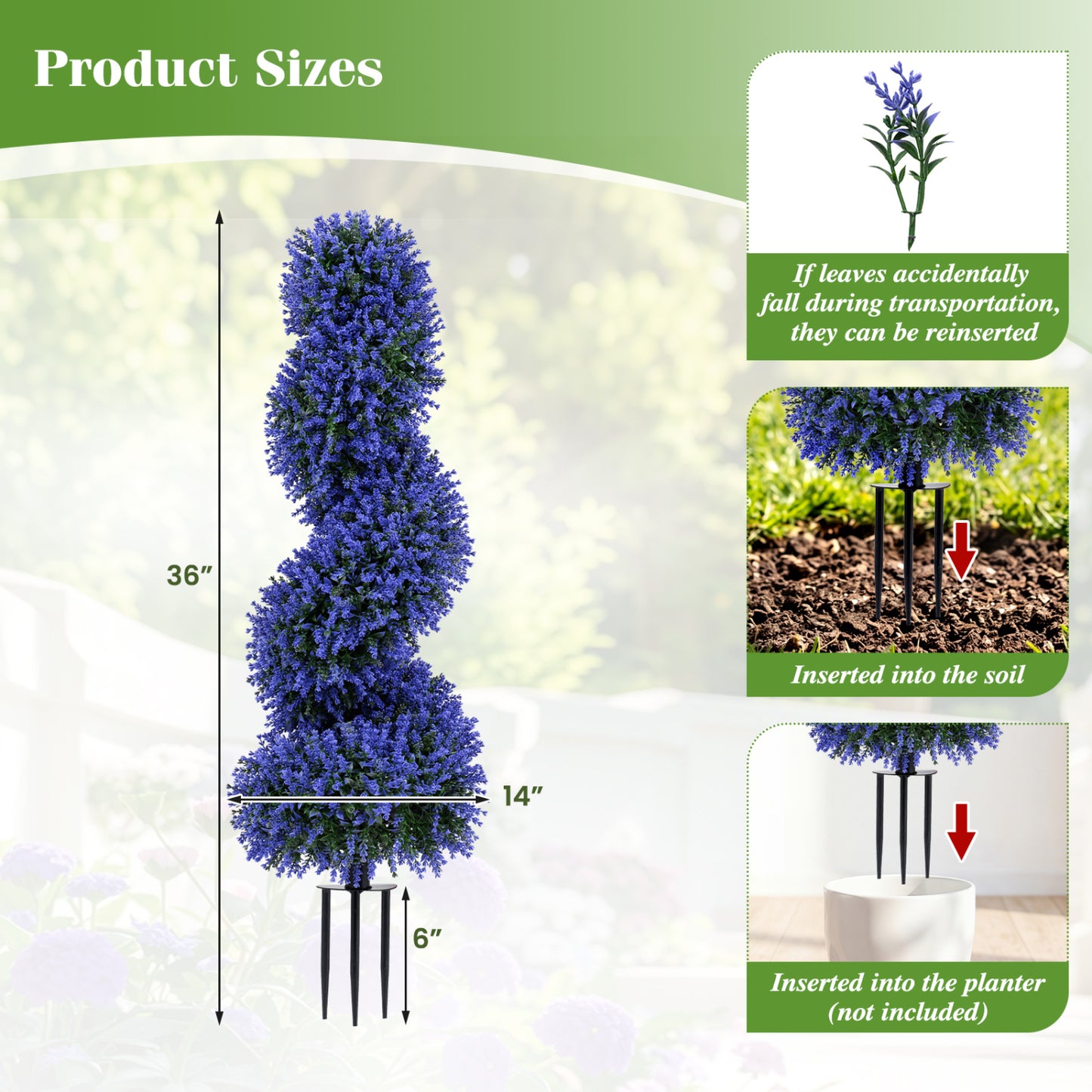 Set of 2 purple artificial spiral topiary trees with sun protection and ground spikes for home decor and faux plant accents.