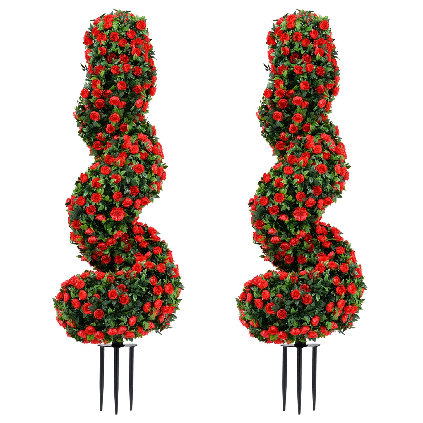 Set of 2 artificial spiral topiary trees with purple foliage, sun protection, and ground spikes for decorative home outdoor use.