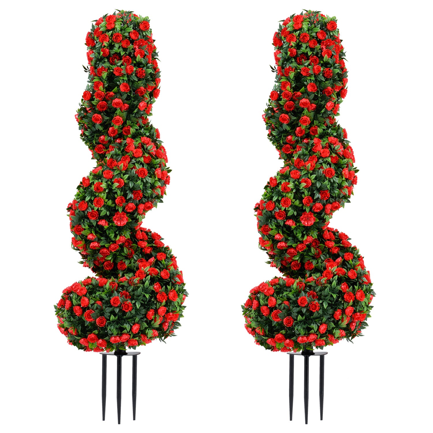 Set of 2 artificial spiral topiary trees with purple foliage, sun protection, and ground spikes for decorative home outdoor use.