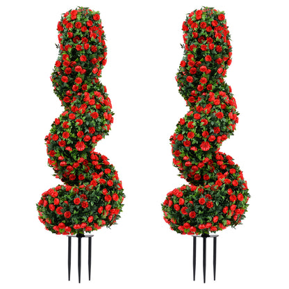 Set of 2 artificial spiral topiary trees with purple foliage, sun protection, and ground spikes for decorative home outdoor use.