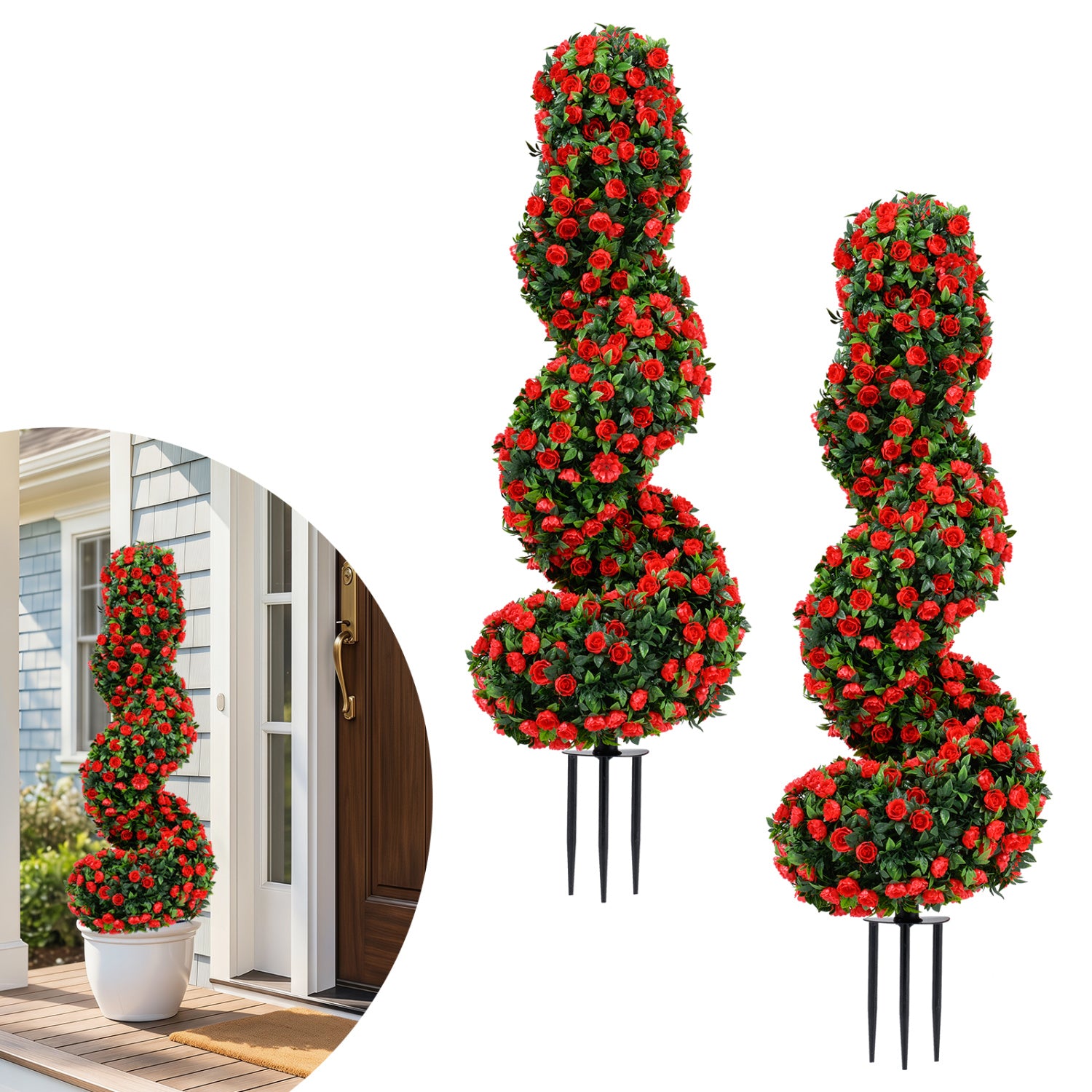 Set of 2 purple artificial spiral topiary trees with sun protection and ground spikes for home decor and faux plant display.