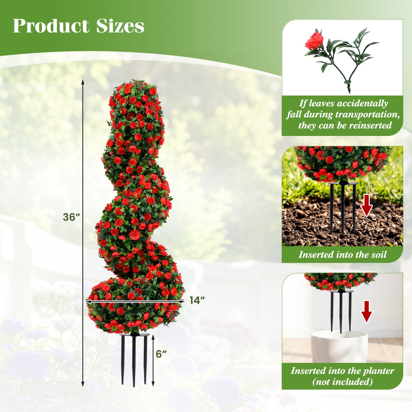 Set of 2 purple artificial spiral topiary trees with ground spikes, sun protection, for home decor and faux plant display.