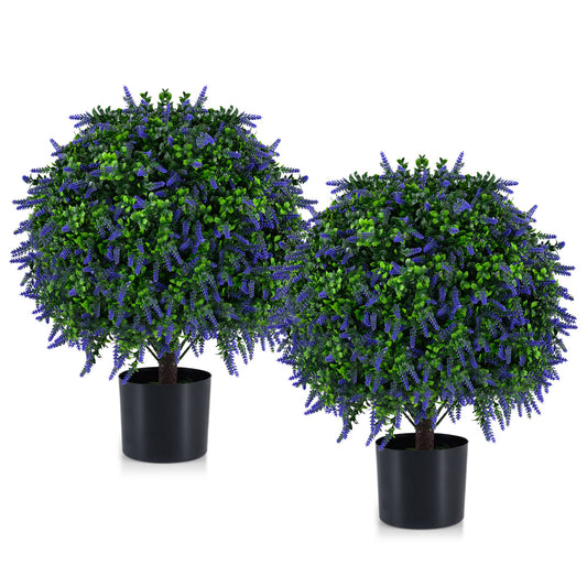 Set of 2 22-inch artificial lavender topiary ball trees in purple faux potted plants for home decor.