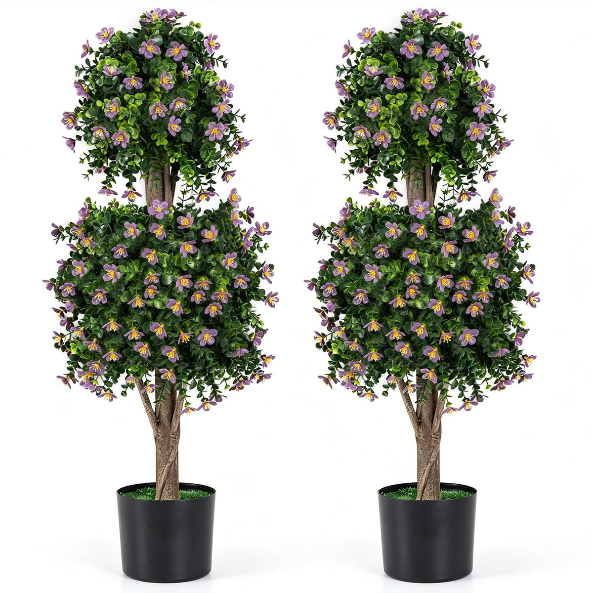 Set of 2 Artificial Topiary Trees Realistic Evergreen Plant with 2 Topiary Balls-Purple