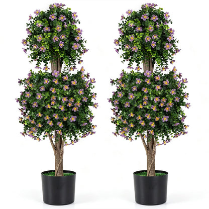 Set of 2 Artificial Topiary Trees Realistic Evergreen Plant with 2 Topiary Balls-Purple
