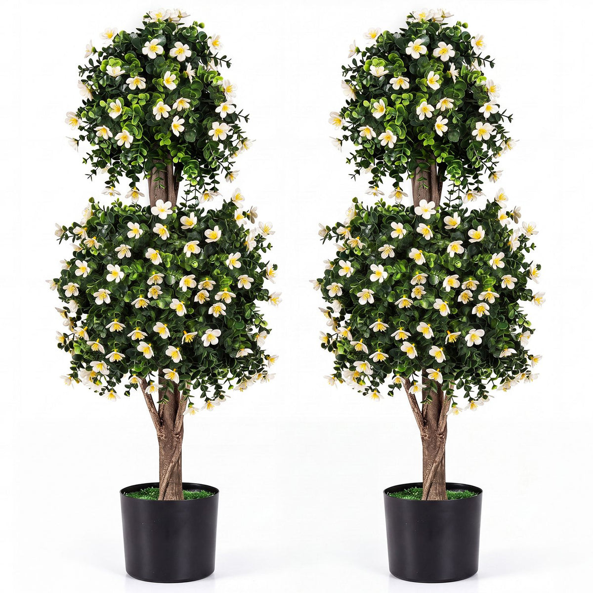 Set of 2 Artificial Topiary Trees Realistic Evergreen Plant with 2 Topiary Balls-Purple