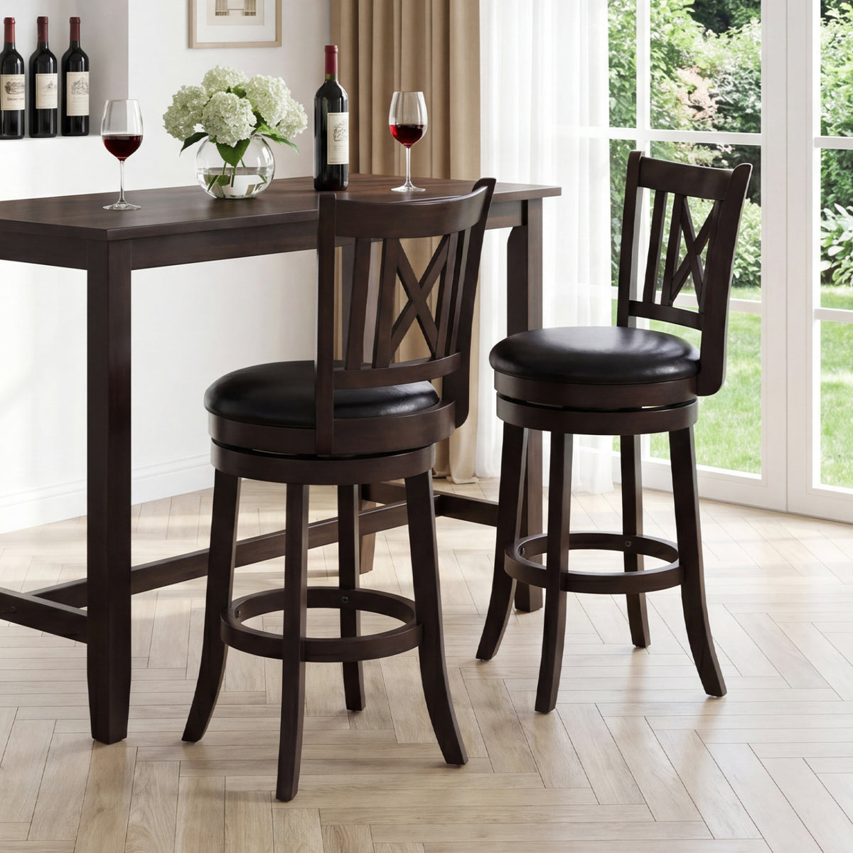 Set of 2 Wilsons Home Store swivel bar stools with hollowed backrest and footrest, 26 inches tall, for kitchen or dining area.