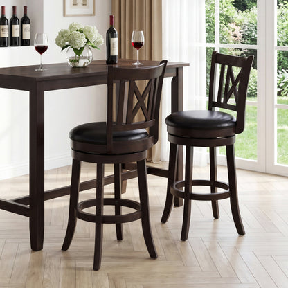 Set of 2 Wilsons Home Store swivel bar stools with hollowed backrest and footrest, 26 inches tall, for kitchen or dining area.