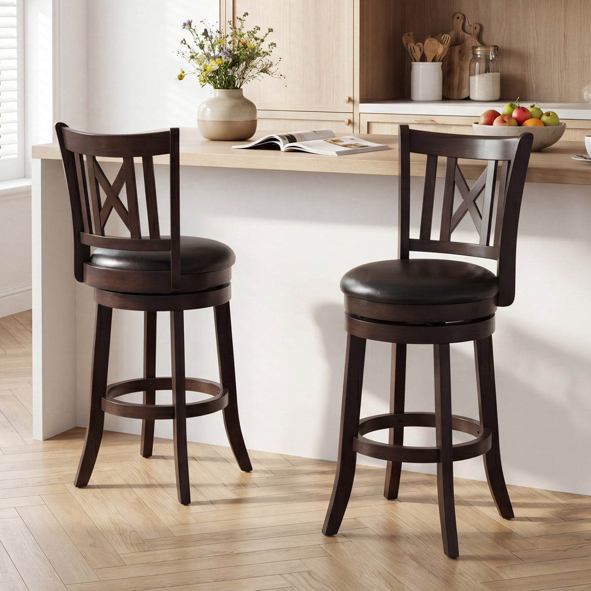 Set of 2 Wilsons Home Store swivel bar stools with hollowed backrests and footrests, 26-inch height, kitchen and dining furniture