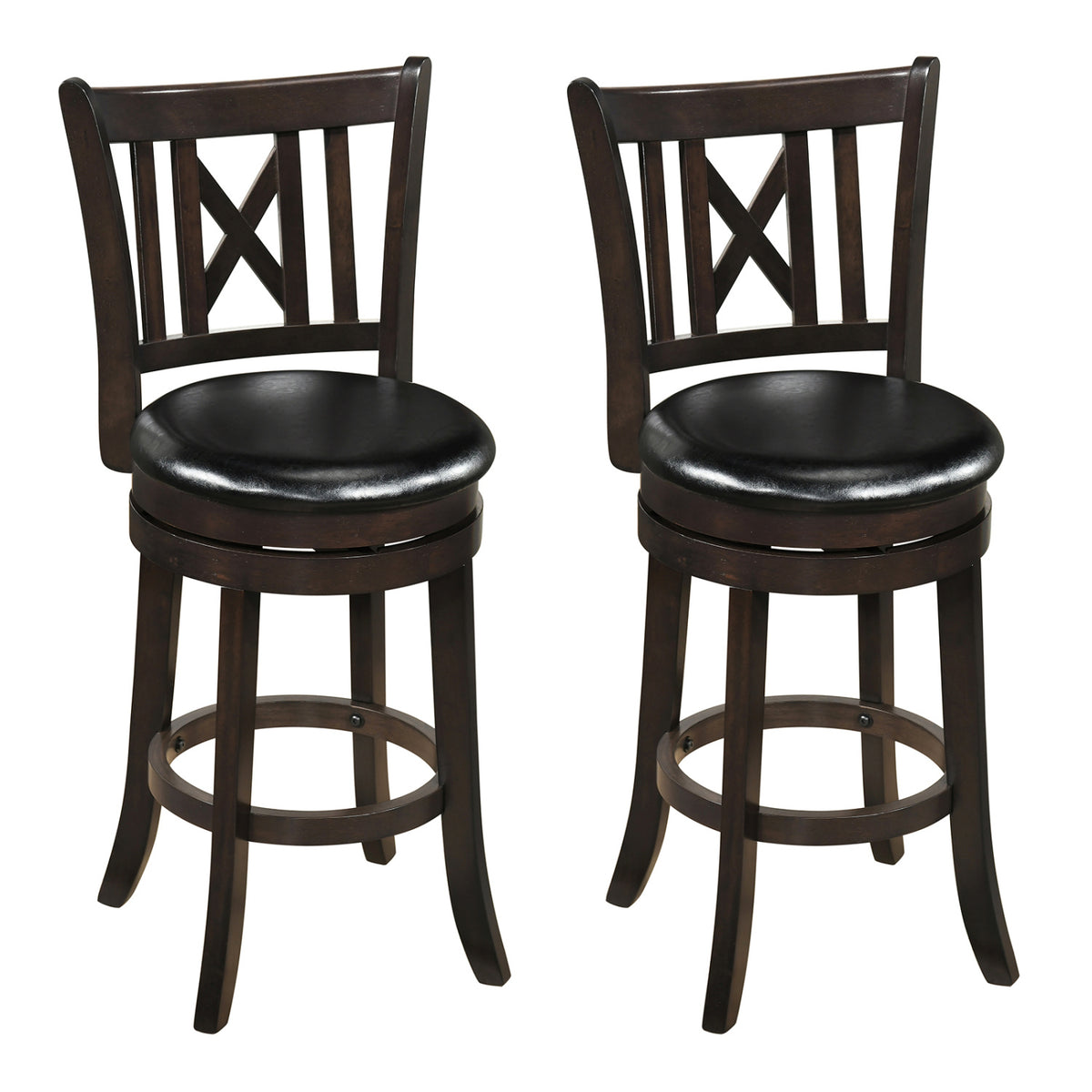 Set of 2 Wilsons Home Store swivel bar stools with hollowed backrest and footrest, 26 inches tall for kitchen or dining areas.