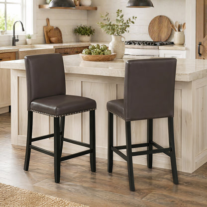 Set of 2 Bar Stools with Back for Kitchen Island-Brown
