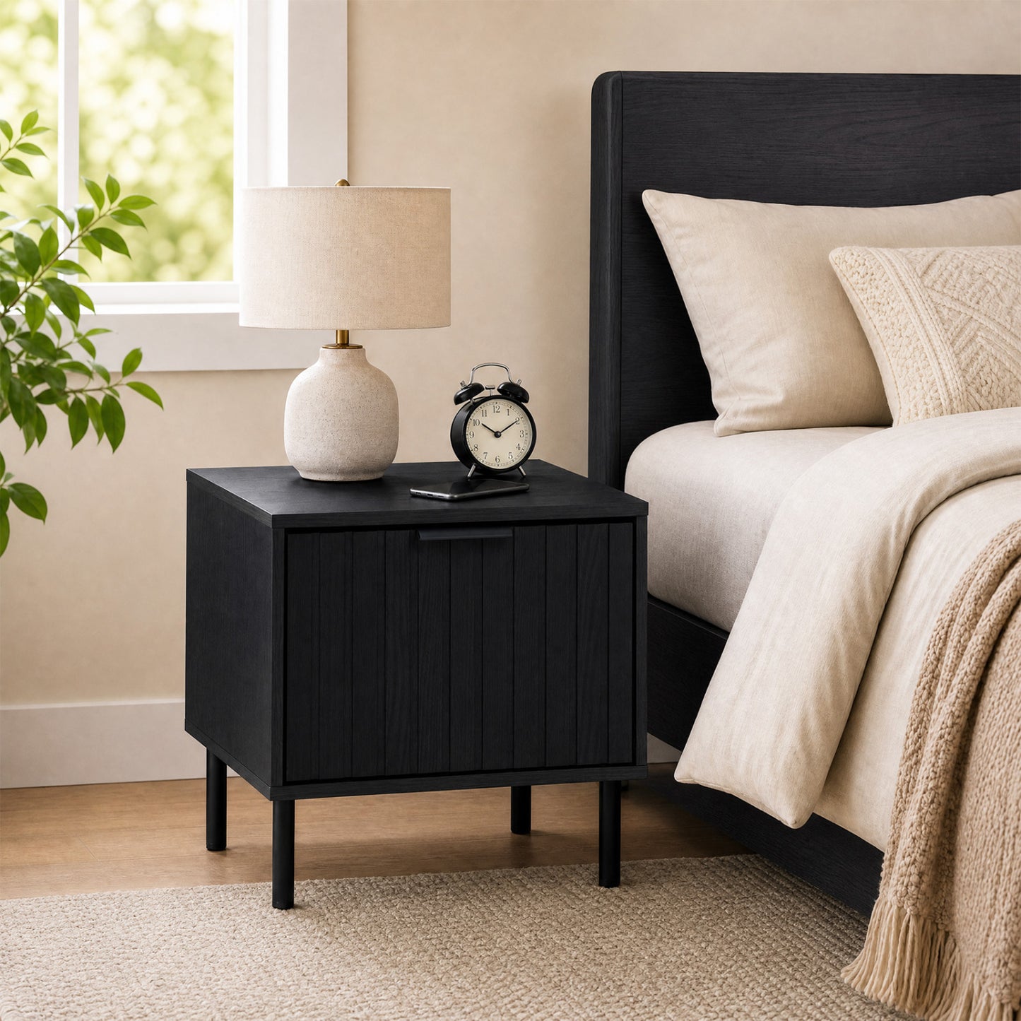 Set of 2 Black Modern Nightstand with Vertical-Striped Storage Drawer-Black