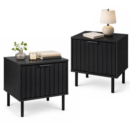 Set of 2 Black Modern Nightstand with Vertical-Striped Storage Drawer-Black