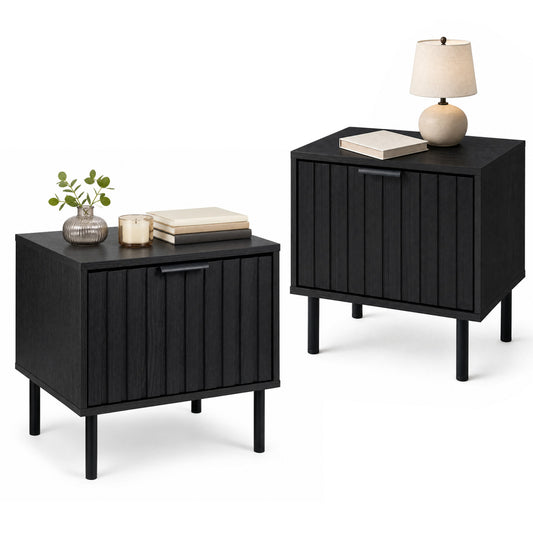 Set of two black modern nightstands with vertical-striped storage drawers, sleek bedroom furniture by Wilsons Home Store.