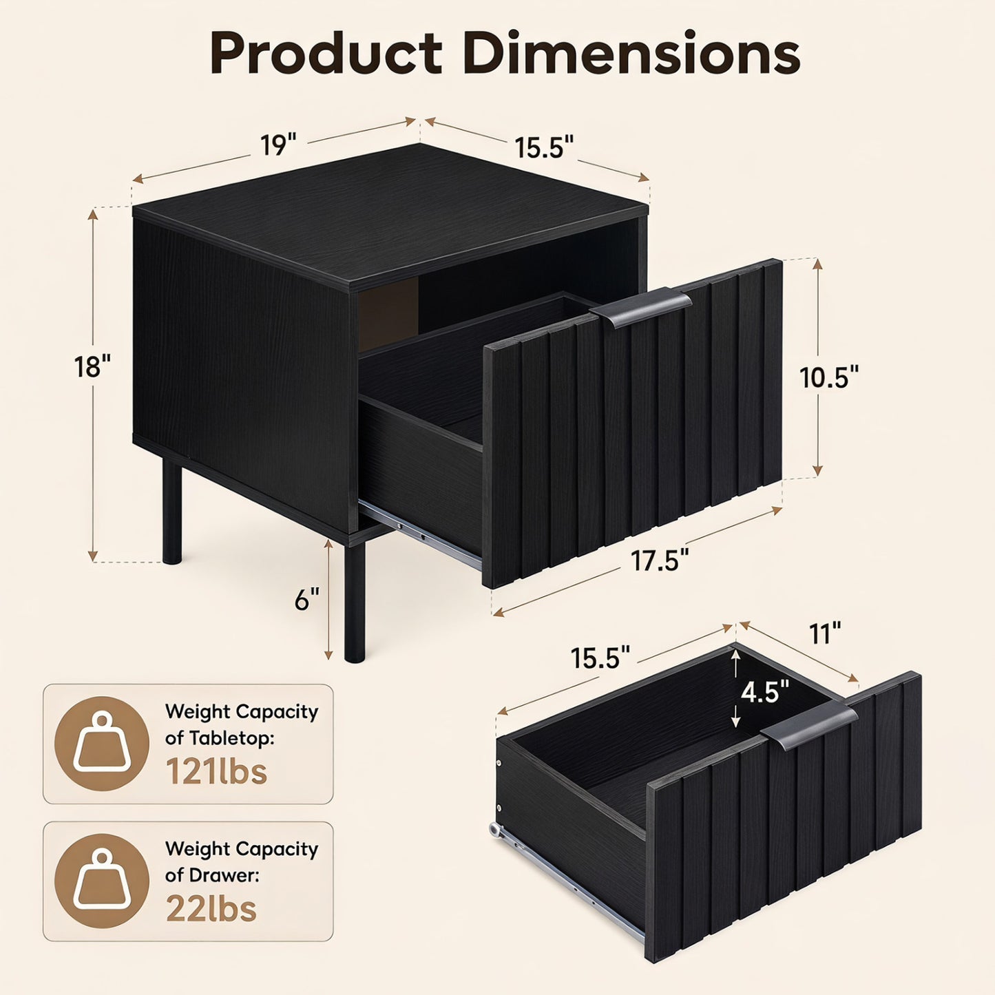 Set of 2 Black Modern Nightstand with Vertical-Striped Storage Drawer-Black