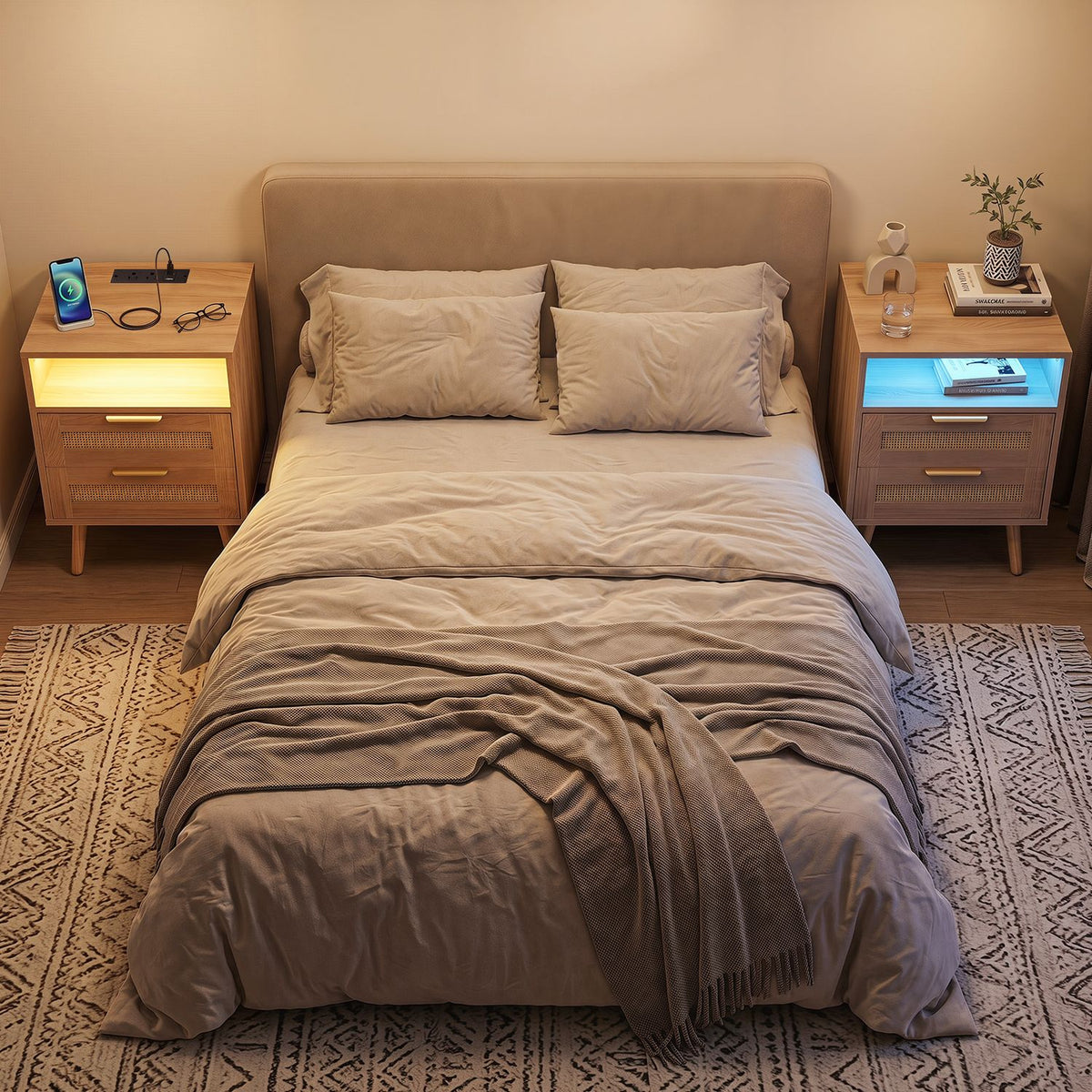 Set of 2 boho-style nightstands with charging stations and RGB LED light strips, featuring wooden finish and modern design.