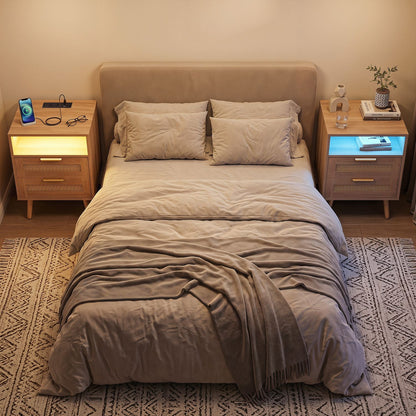 Set of 2 boho-style nightstands with charging stations and RGB LED light strips, featuring wooden finish and modern design.