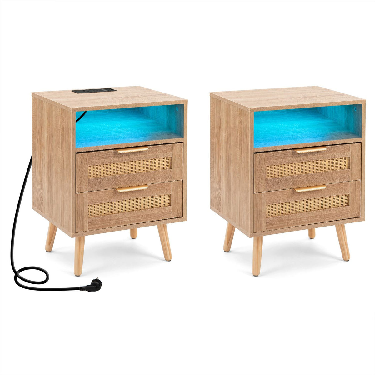Set of two boho-style nightstands with built-in charging stations and RGB LED light strips for modern bedrooms.